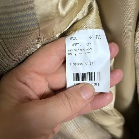 Brooks‎ Brothers sport coat 44 R plaid neutral wool silk tan (FLAW)